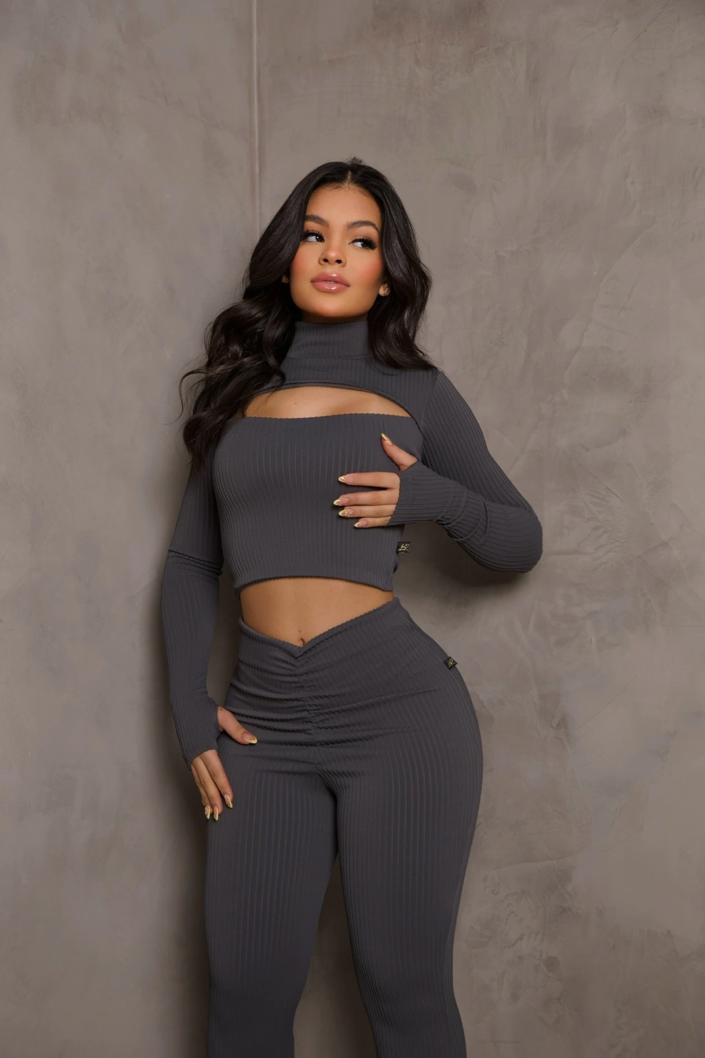 Conjunto canelado manga longa LR - CINZA