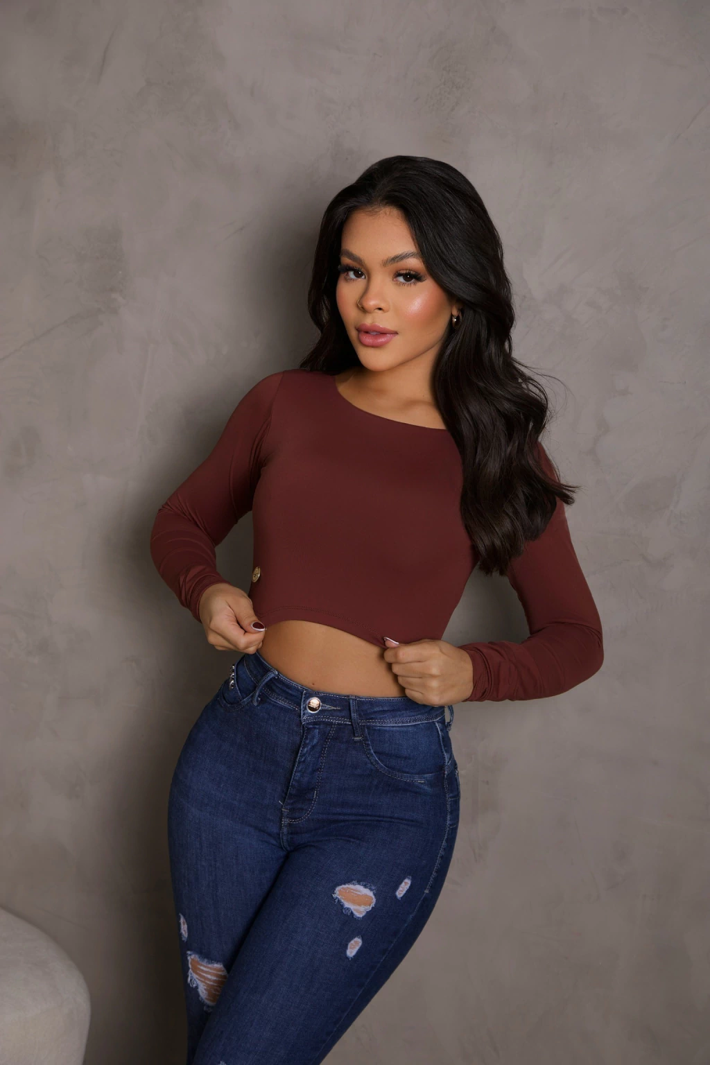 Cropped Manga Longa LR - MARROM