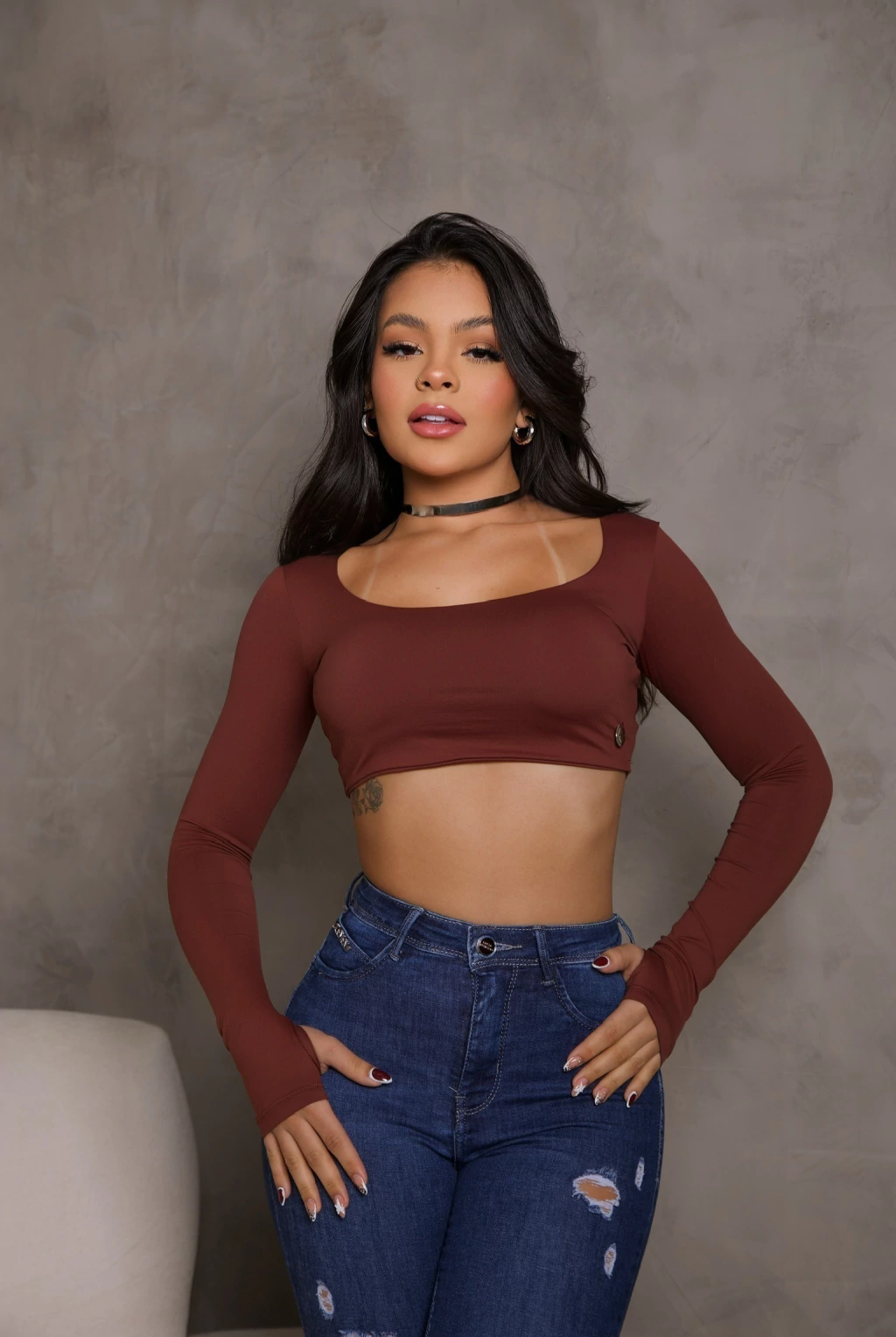 Cropped manga longa com bojo LR - MARROM
