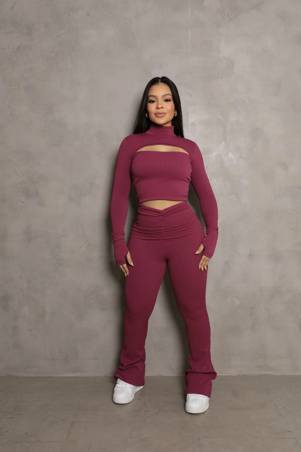 Conjunto canelado manga longa LR - VINHO