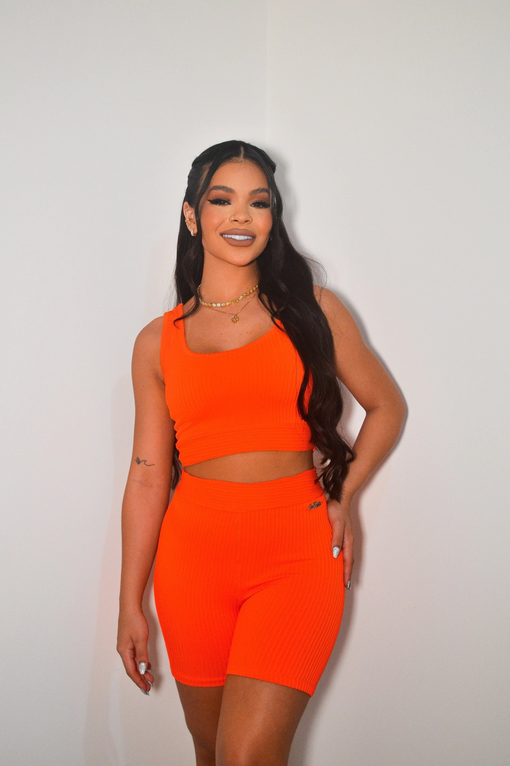 CONJUNTO SHORTS CANELADO 3D - LARANJA
